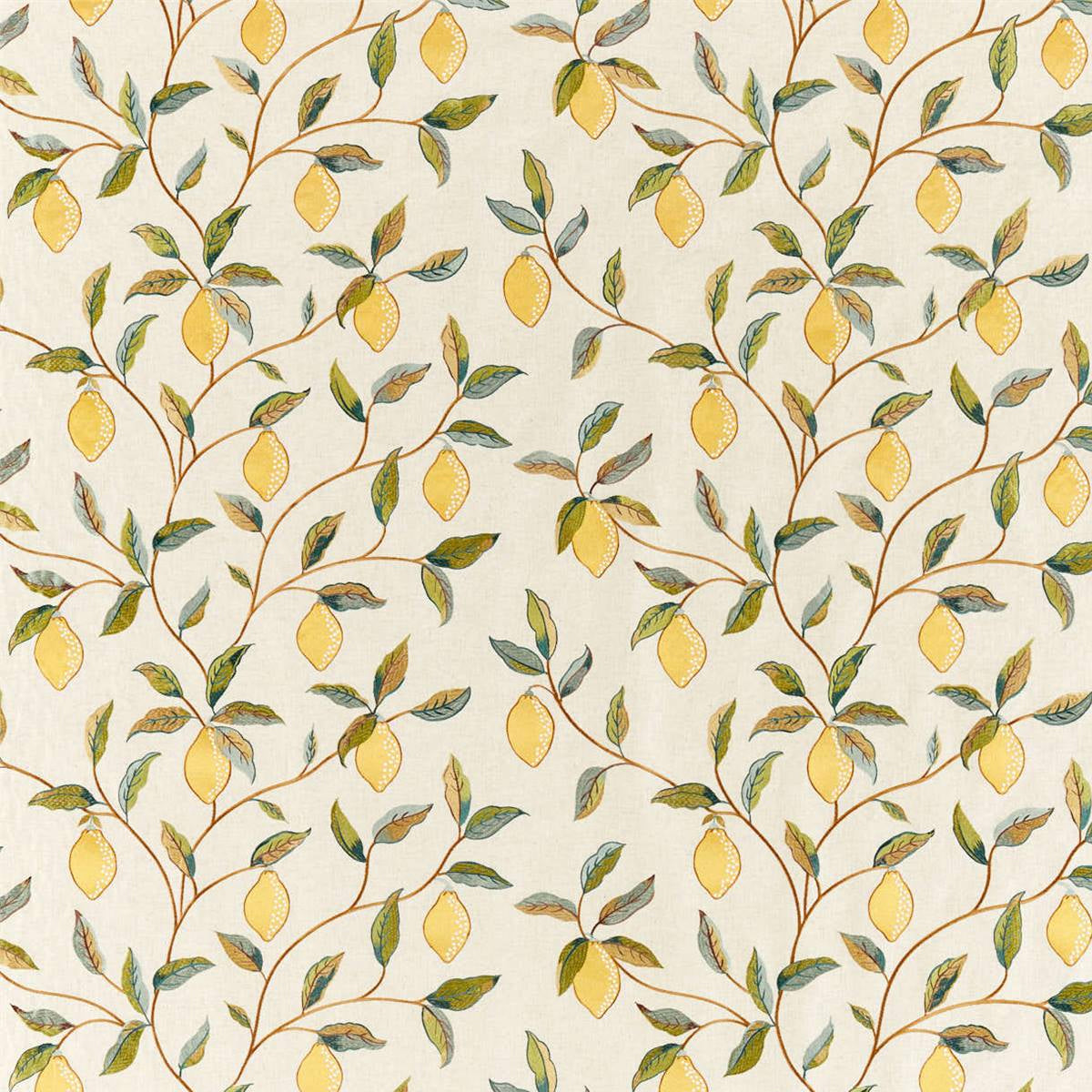 Morris &amp; Co &#39;Lemon Tree Embroidery - Lemon/Bayleaf&#39; Fabric